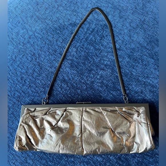Aldo Metallic Silver-Gold Folded Clutch Gunmetal Herringbone Chain - Picture 8 of 9